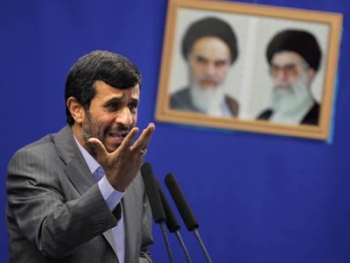 Iranian President Mahmoud Ahmadinejad delivers a speech during the weekly Friday prayers at Tehran University. (Getty)