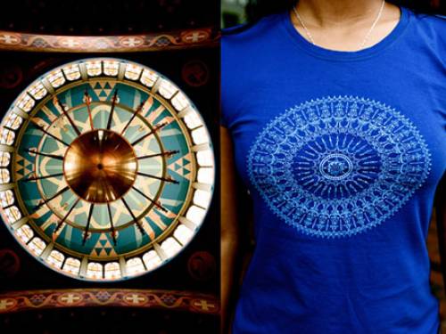 Blogger Louise Hawson juxtaposes the ceiling of Lidcombe's Ukrainian cathedral and a Nepalese symbol on a resident of the Sydney suburb. (Louise Hawson)