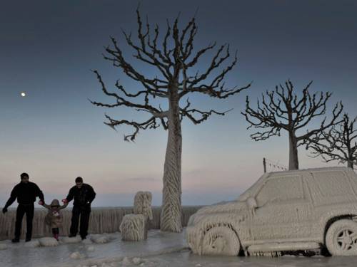 People walk along an icy promenade past ice-covered cars and trees on the shores of Lake Geneva in Versoix, Switzerland. (AAP)
