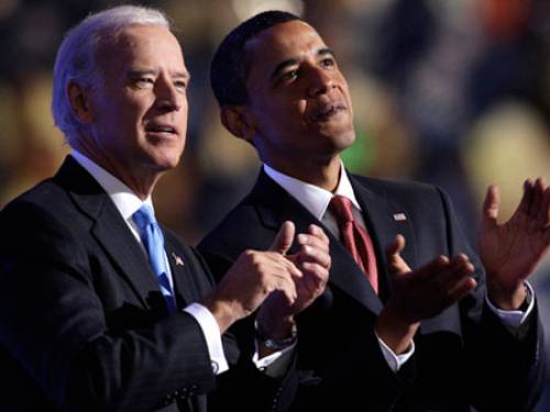 Barack Obama and running mate Joe Biden. (AAP) 