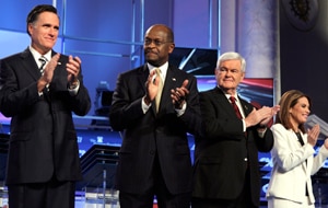Debating their foreign policy credentials, Republican candidates (left to right) Mitt Romney, Herman Cain, Newt Gingrich and Michele Bachmann. (AP)