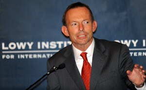 Coalition leader Tony Abbott speaks at the Lowy Institute prior to the election campaign kicking off (Getty Images)