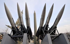Replicas of a North Korean Scud-B missile (background) and South Korean Hawk surface-to-air missiles (foreground) are seen at the Korean War Memorial in Seoul. (Getty)