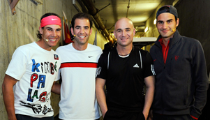 All smiles... Rafael Nadal and Roger Federer join Pete Sampras and Andre Agassi for their 'charity spat' [GETTY]
