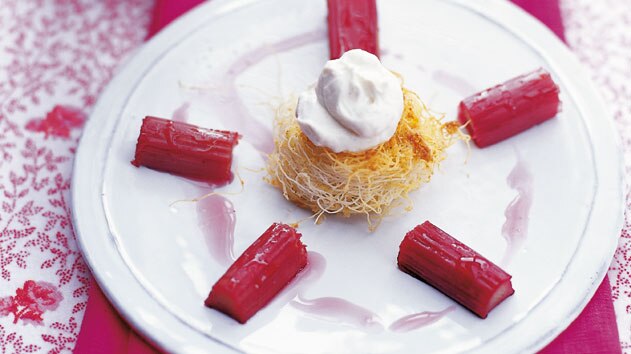 Kataifi nests with sweet labne and rosewater poached rhubarb