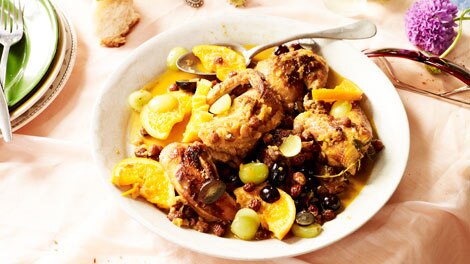 Spatchcock with oranges and grapes