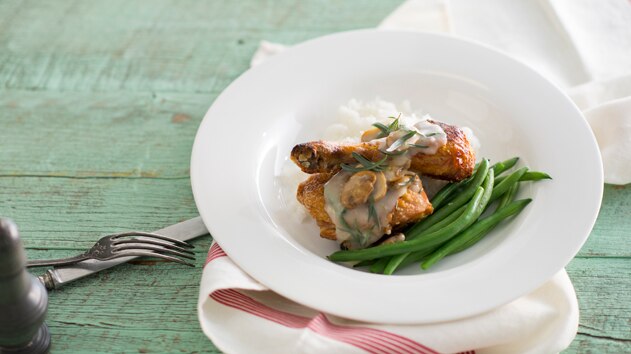 Slow-roasted chicken with mushroom sauce