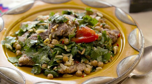 Sumac and zaatar encrusted snapper with roasted chickpea salad