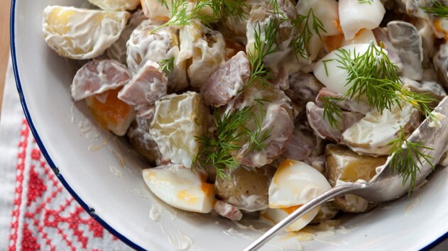 Warm potato salad with knackwurst
