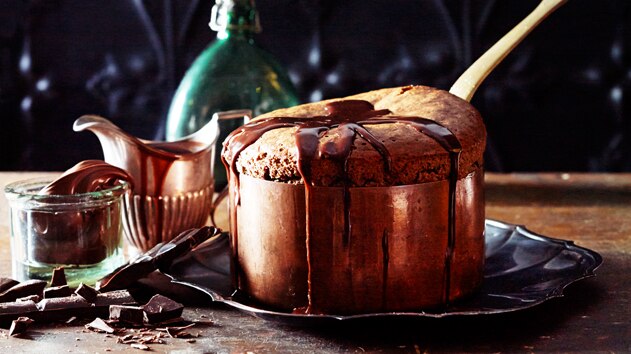 Chocolate soufflé with hazelnut ganache